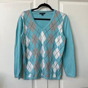 Y2K Tommy Hilfiger Sweater Womens L Prep Academia V-neck Argyle Cotton Knit
